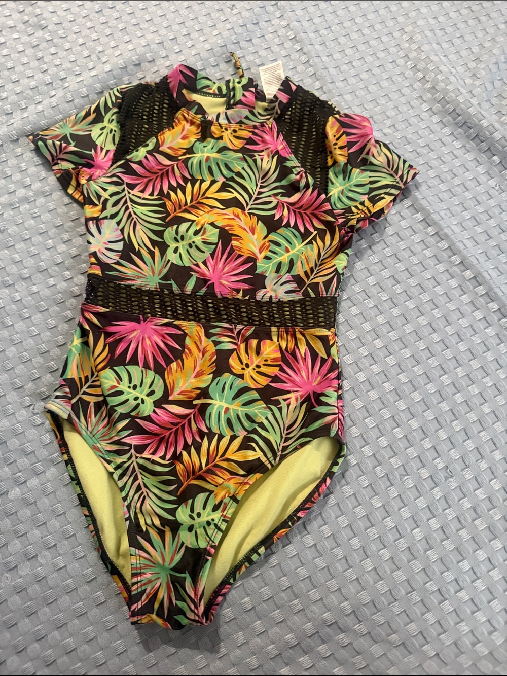 art class Black Tropical Leaf Short Sleeve One-Piece Swimsuit with Pink & Green